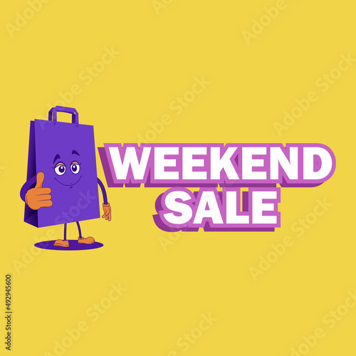 shopping bag character with weekend sale text.
