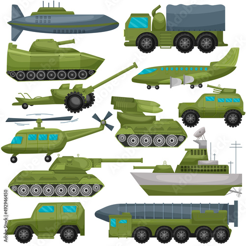 Set of military equipment. Tank, armored car. BTR. War activities. Army technology. For your design.