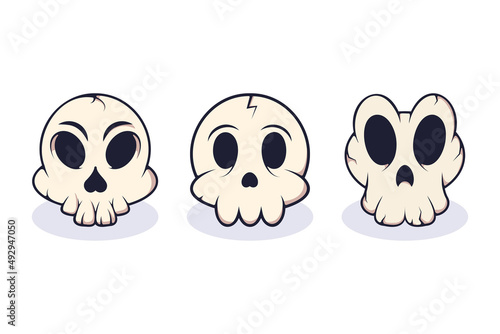 Collection of modern vector illustrations of cute cartoon skeletons with big oval eyes and teeth. High quality picture suitable for web design, mobile gaming, books, advertisements