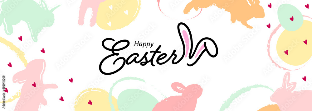 Happy easter banner design with easter egg and bunny in pastel colors. Modern style in horizontal poster, greeting card. Vector illustration.