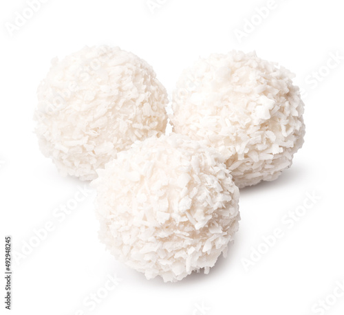Sweet round coconut candy isolated on white