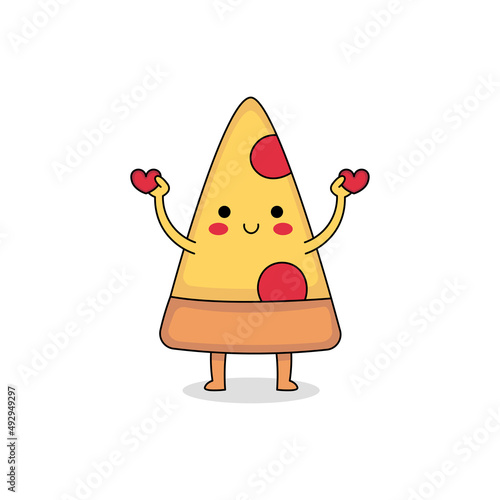 Cute pizza slice cartoon character spreading love