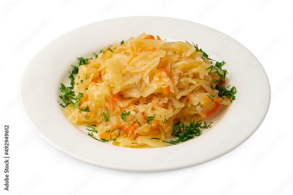 Stewed white cabbage on white plate isolated