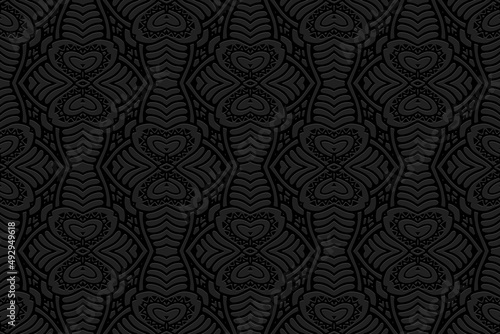 Decorative embossed black background, vintage cover design. Geometric ethnic 3D pattern, hand drawn style. National elements of creativity of the peoples of the East, Asia, India, Mexico, Aztecs.