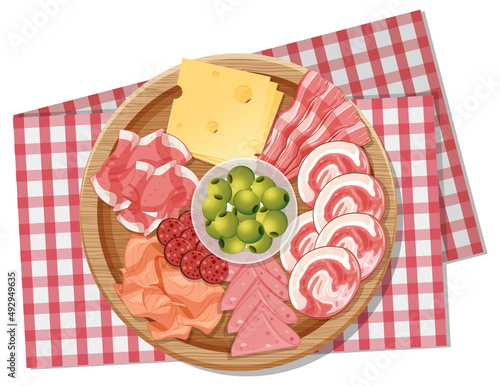 Top view of lunch meat on a wooden tray