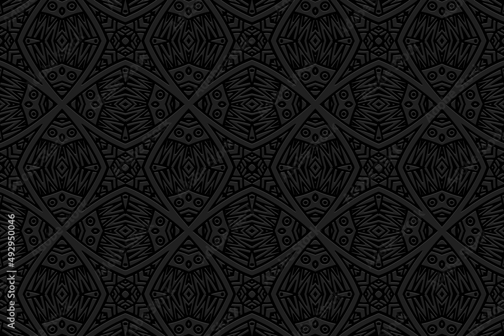 Artistic embossed black background, vintage cover design. Geometric ethnic 3D pattern, hand drawn style. National elements of creativity of the peoples of the East, Asia, India, Mexico, Aztecs.
