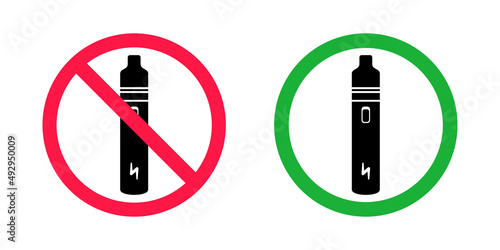 No vaping and vaping area signs. Red forbidden and green allowed circles signs icon isolated on white background vector illustration. Vape and smoke prohibition and green access circles set.