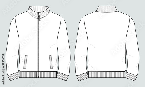 Long Sleeve with Stand Up Collar fleece jersey sweatshirt Jacket Technical Fashion flat sketch Vector illustration template Front and back views. Apparel Clothing design Mock up Cad.