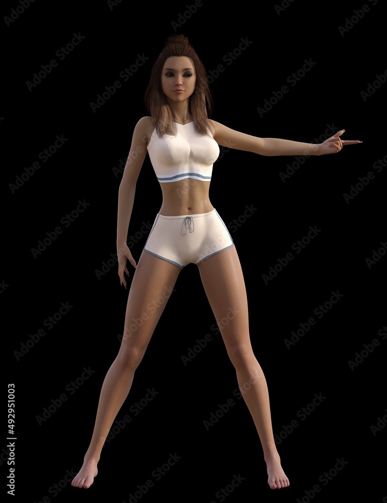 3D illustration of a beautiful woman with brown hair in a white bra and white skirt poses 3D illustration of a beautiful woman with brown hair in a white bra and white skirt poses