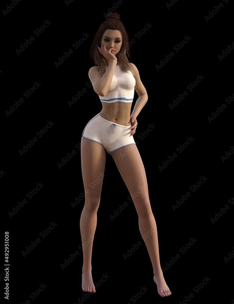 3D illustration of a beautiful woman with brown hair in a white bra and white skirt poses