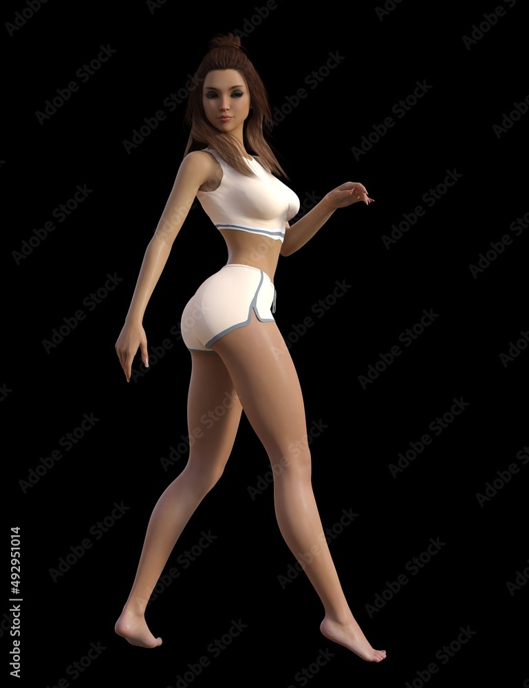 3D illustration of a beautiful woman with brown hair in a white bra and white skirt poses 3D illustration of a beautiful woman with brown hair in a white bra and white skirt poses