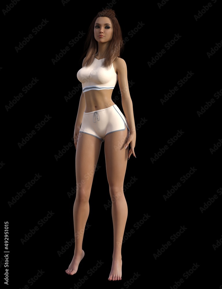 Fototapeta premium 3D illustration of a beautiful woman with brown hair in a white bra and white skirt poses