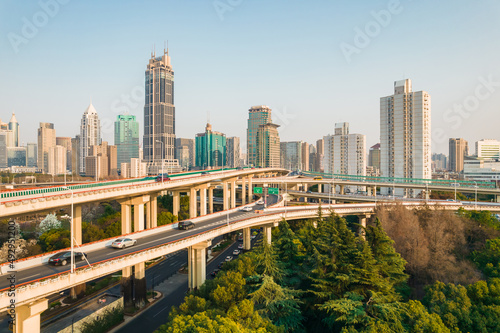 Aerial view of the traffic and skyscrapers in Shanghai  China.