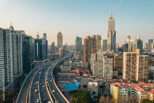Aerial view of the traffic and skyscrapers in Shanghai, China.
