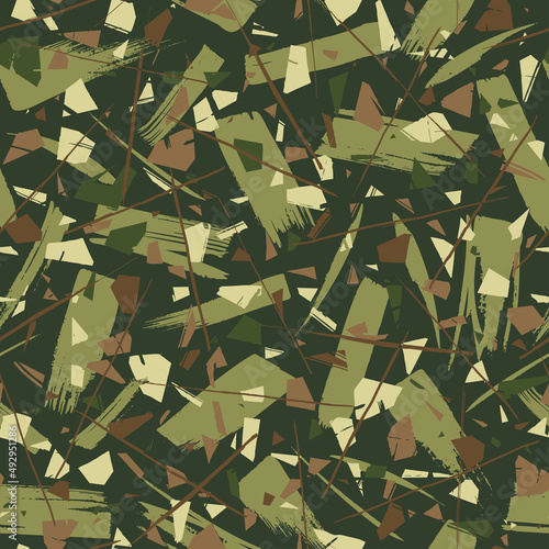 Seamless vector camouflage pattern with black lines and green or brown brushstrokes. Hand drawn style. Abstract background.