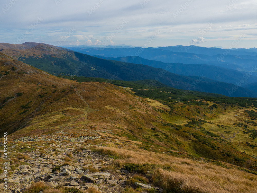 Sunny autumn day in the Ukrainian Carpathian mountains. Picturesque mountains landscape panorama view of the Chornogora ridge. View from the highest Ukrainian Carpathian mount Hoverla Ukraine