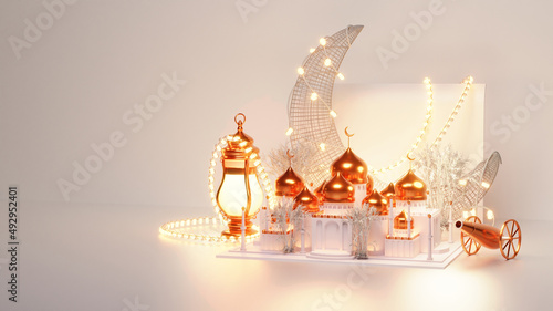 Muslim Community Festival Concept With 3D Mosque, Trees, Lit Lanterns, Cannon, Crescent Moon Decorated By Lighting Garland And Copy Space.