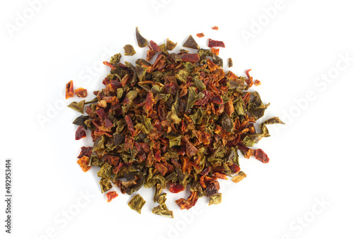 Dehydrated or Dried Bell Pepper Pieces in Red and Green in Top Down Shot