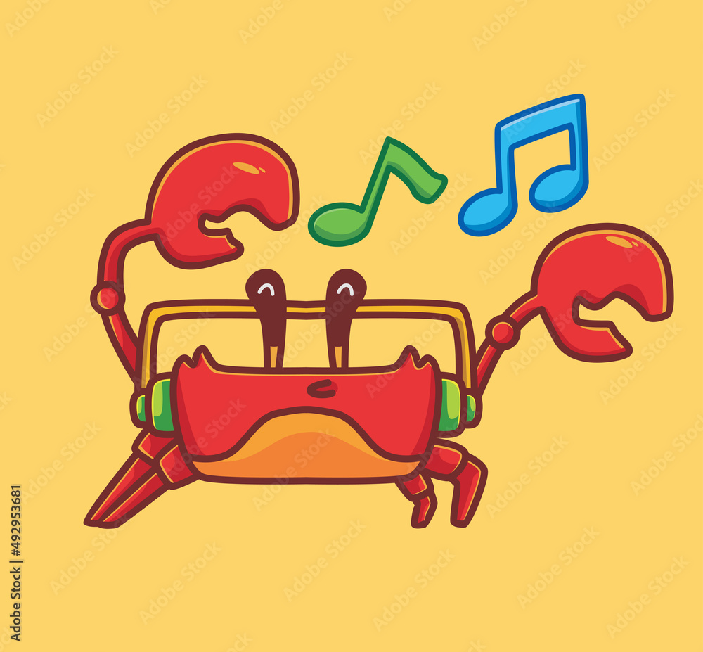 Cute red crab with big claws listening a music with a headphone. Animal Isolated Cartoon Flat Style Icon illustration Premium Vector Logo Sticker Mascot