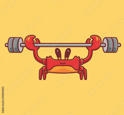 cute crab lifting weight. cartoon animal sports concept Isolated illustration. Flat Style suitable for Sticker Icon Design Premium Logo vector. Mascot character