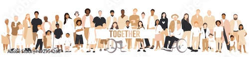 Together. People stand side by side together. Flat vector illustration.