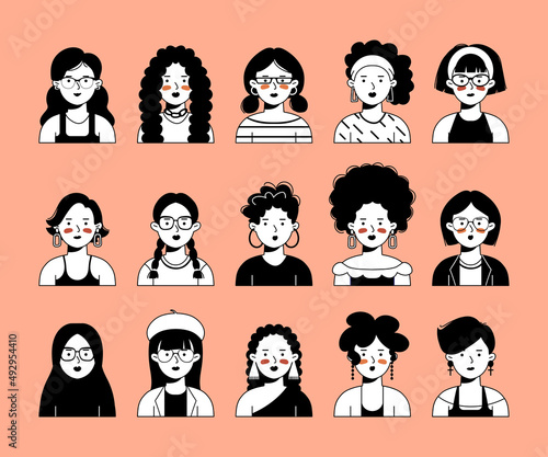 Cartoon female portrait icons set in flat style.