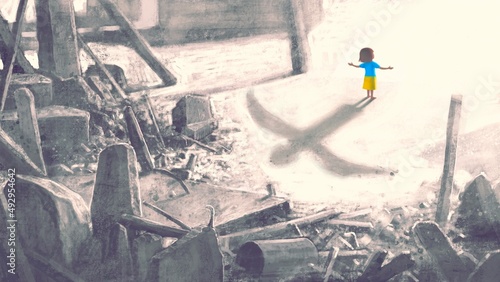 Conceptual surreal art of peace, war and hope. Painting 3d illustration of a girl with a bird shadow and broken building. Concept artwork. freedom of child.