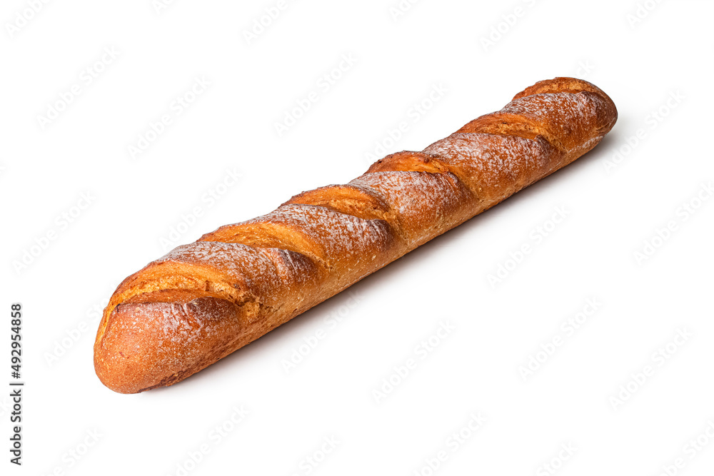 French baguette with golden brown crust, on a white background French baguette with golden brown crust, on a white background