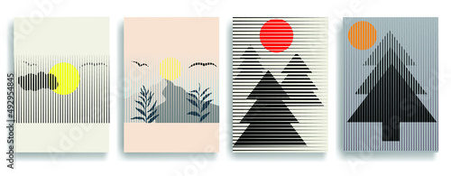 Poster with mountain landscape  and sunset in boho style  .Minimal design with line elements . Trendy brochure . Vector illustration .