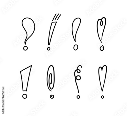 Hand drawn exclamation marks set. Hazard warning hand draw symbol. Attention doodle icons. Exclamations marks icons. Vector illustration isolated in doodle style on white background.