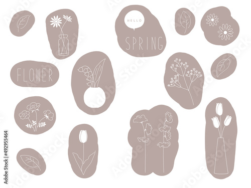 チューリップやマーガレットなど春の花手描き風シンプル線画イラストセット