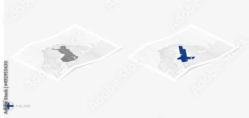 Set of two realistic map of Finland with shadow. The flag and map of Finland in isometric style.
