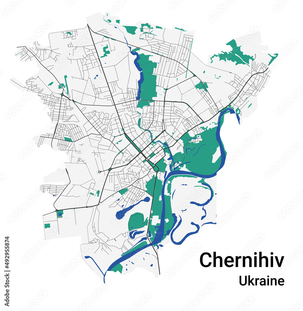 Chernihiv vector map. Detailed map of Chernihiv city administrative area. Cityscape panorama illustration. Road map with highways, streets, rivers.