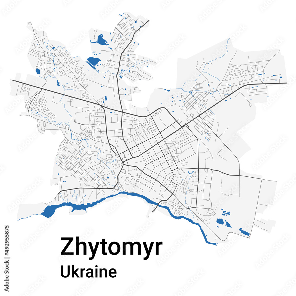 Fototapeta premium Zhytomyr vector map. Detailed map of Zhytomyr city administrative area. Cityscape panorama illustration. Road map with highways, streets, rivers.