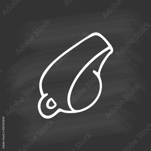 Single hand drawn coach's whistle on chalkboard. White outline on black background. Cute element in doodle style for card, social media banner, sticker, decoration kids playroom. Vector illustration