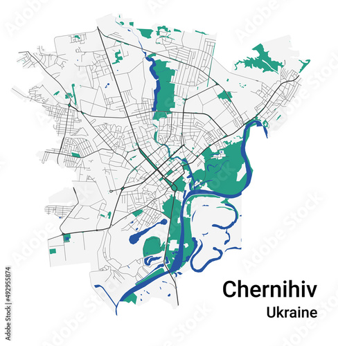 Chernihiv vector map. Detailed map of Chernihiv city administrative area. Cityscape panorama illustration. Road map with highways, streets, rivers.