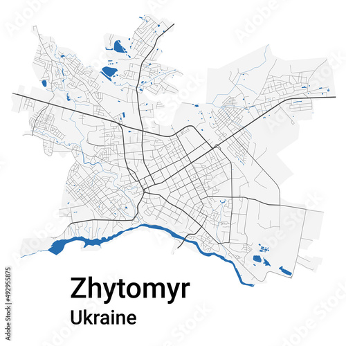 Zhytomyr vector map. Detailed map of Zhytomyr city administrative area. Cityscape panorama illustration. Road map with highways, streets, rivers.