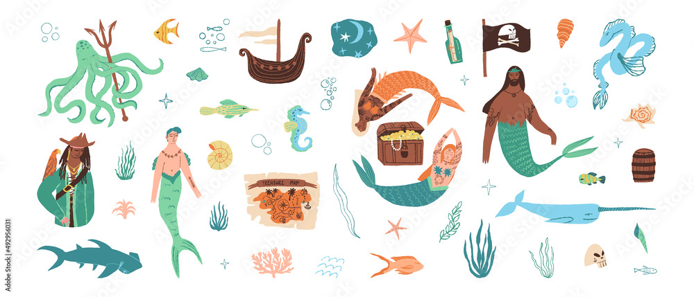 A Pirate and mermaids set. An Adventure map, a old ship, a pirate flag, a trunk box with treasure, a skull, sea monster. A Pirate and mermaids set. An Adventure map, a old ship, a pirate flag, a trunk box with treasure, a skull, sea monster.