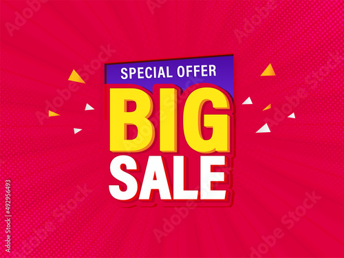 Big Sale Poster Design With Special Offer And Triangle Elements On Red Halftone Rays Background.