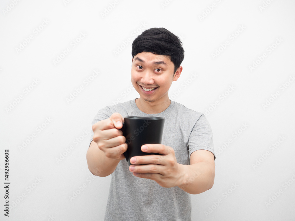 Man gesture invite to drinking coffee happy smile emotion