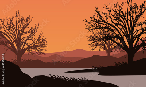 Amazing view of the mountains from the seafront with the silhouettes of big dry trees around