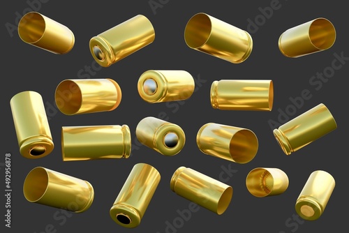 Bullets flew in the black background. Photorealistic 3D illustration of empty bullets. Former war, ammunition supply of conflict occurs.