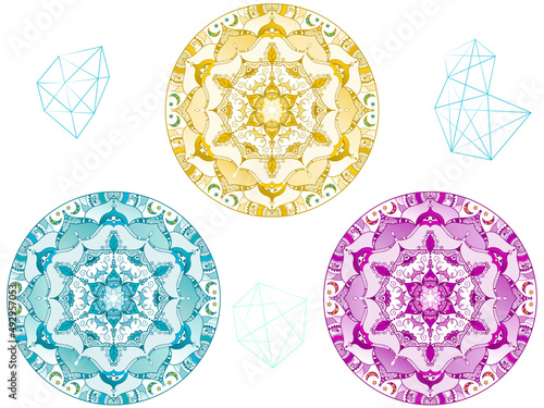 曼荼羅、繊細な幾何学模様のカラーバリエーションセット