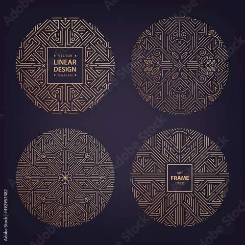 Vector set of art deco linear circles, round borders, frames, decorative design templates. Creative template in classic retro style of 1920s. Use for packaging, advertising, as banner.
