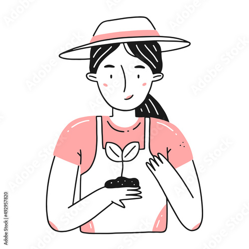 Portrait of a young gardener girl with seedlings in her hands in a simple linear doodle style. Vector isolated illustration.