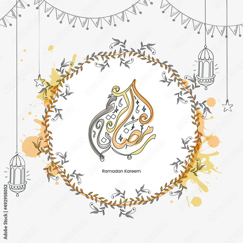 Arabic Calligraphy Of Ramadan Kareem Inside Leaves Wreath With Doodle Lanterns, Star And Bunting Flag On White Background.