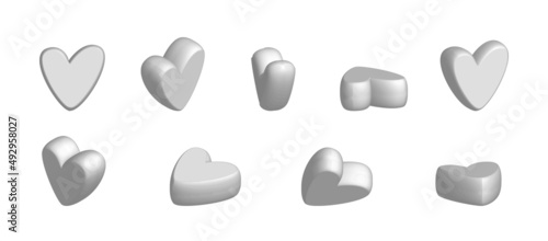 İsometric hearts icon set. Valentines day love symbol, 3d heart icon front and spin angle view. Realistic romantic emoji. Wedding decor vector set. Vector illustration.
