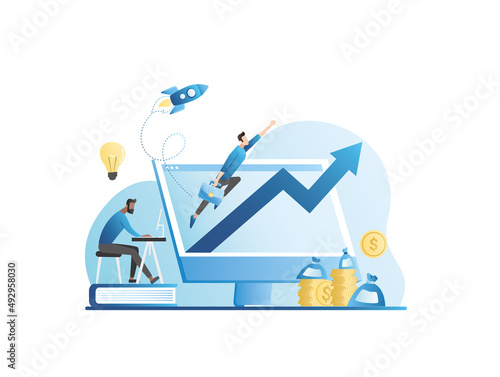 Team in office. Man works in laptop, guy flies to his goal, an up arrow. Launching successful startup with rocket, new idea. Programmers have created new lucrative project with money and coins.