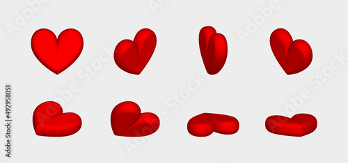 İsometric hearts icon set. Valentines day love symbol, 3d heart icon front and spin angle view. Realistic romantic emoji. Wedding decor vector set. Vector illustration.
