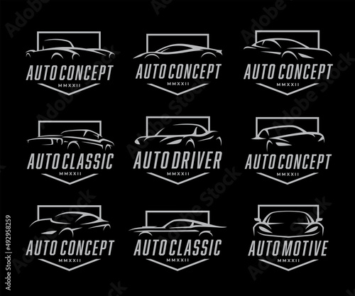 Sports car logo icon set. Motor vehicle auto dealership badge collection. Automotive supercar garage symbols. Vector illustration.